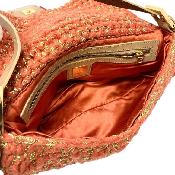 FENDI Vintage FF Mamma Baguette Wool Knit Shoulder Bag Glitter Orange [106267] - Picture 12 of 14